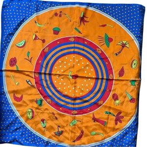 Symphony Scarfs Vibrant Orange & Blue Whimsical Patterned Silk Scarf Square